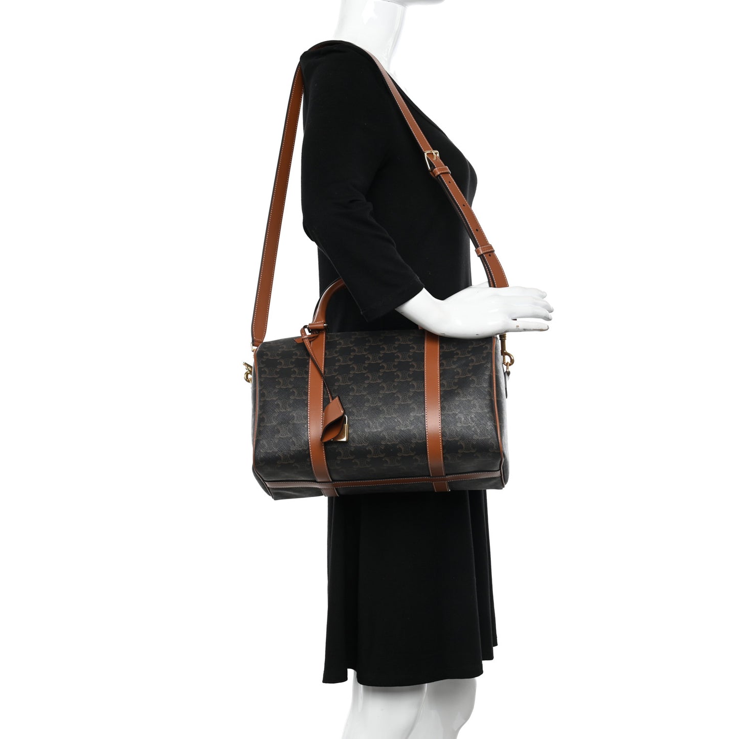 Triomphe Canvas Calfskin Boston Bag Tan