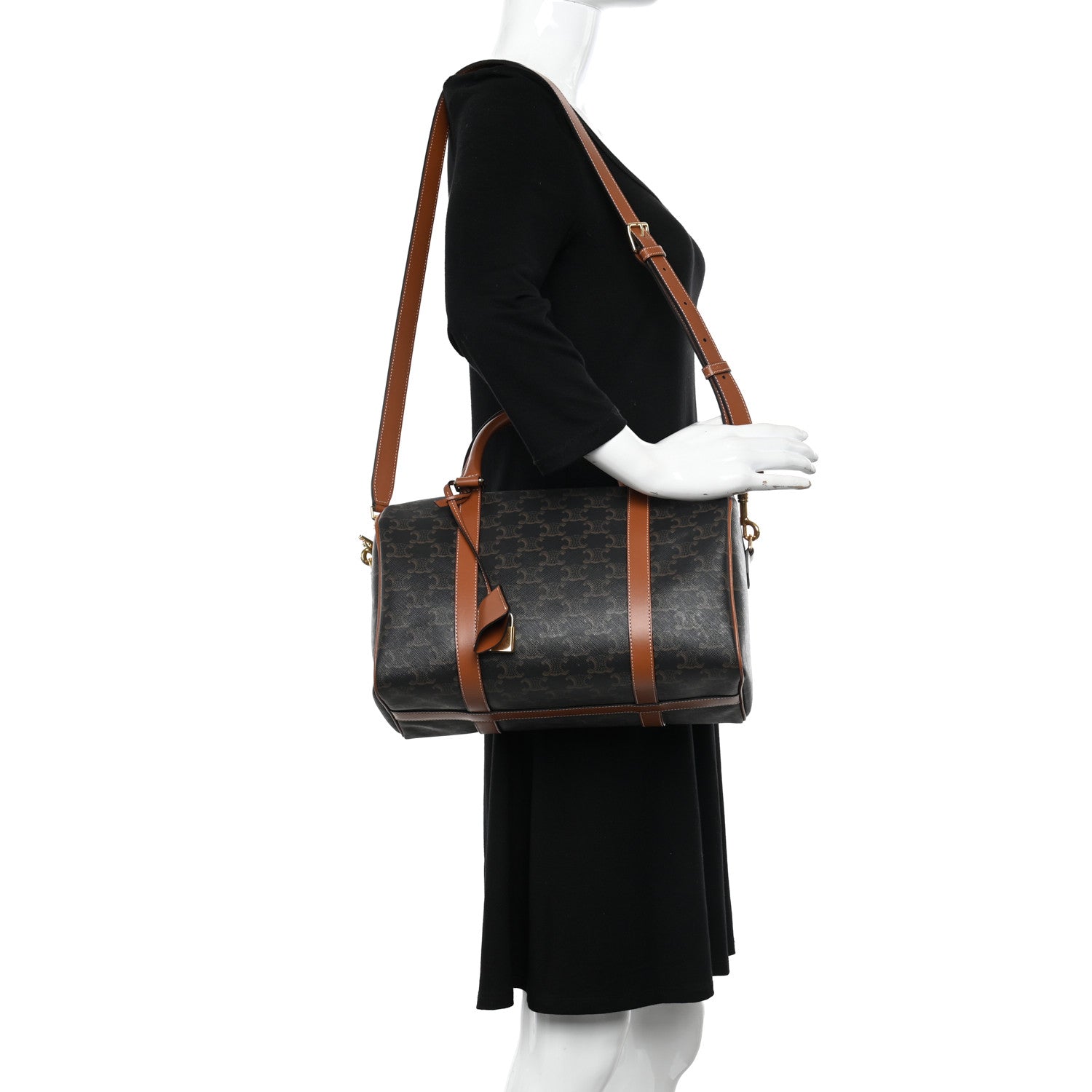 Celine Triomphe Canvas Calfskin Boston Bag Tan 2 of 9