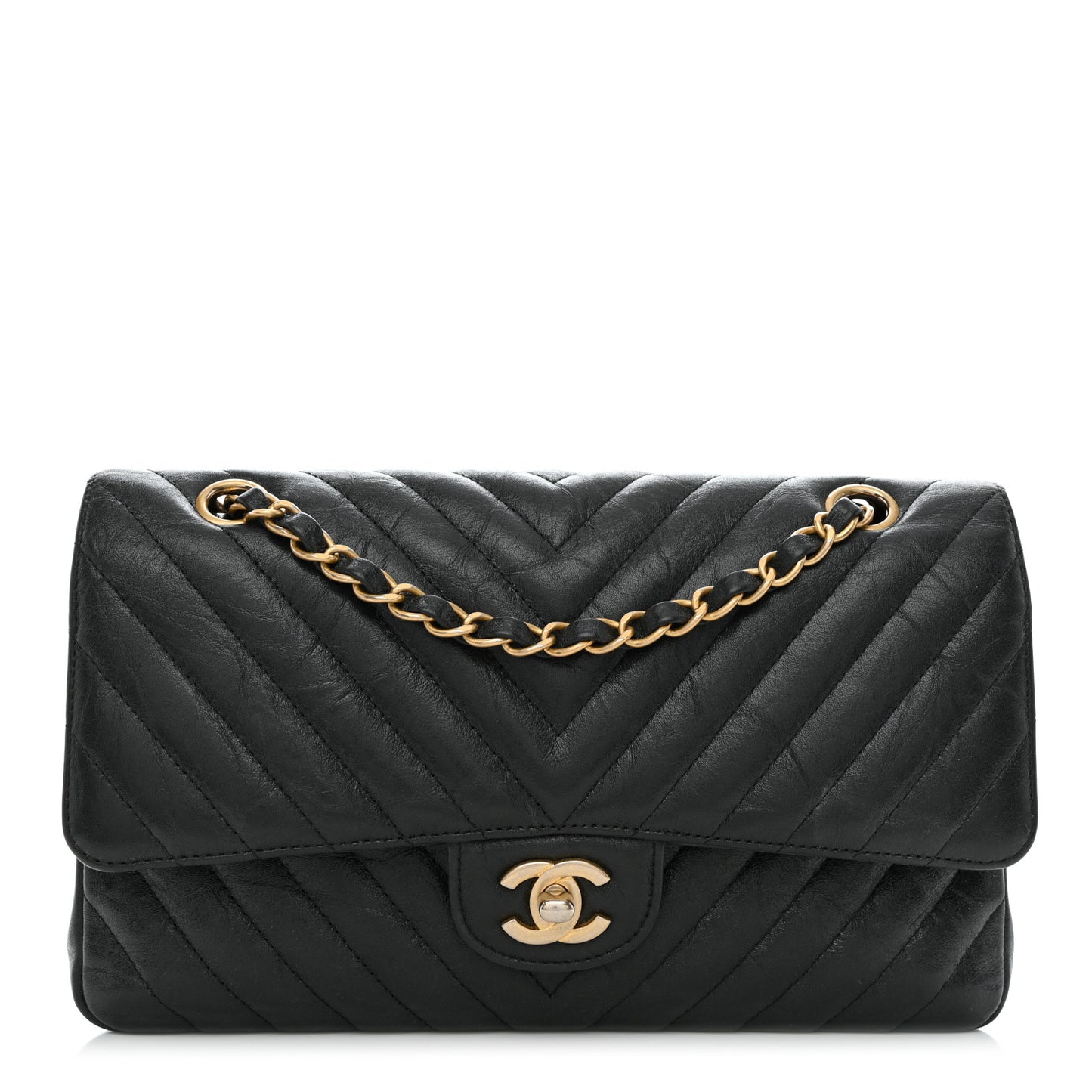 Iridescent Calfskin Chevron Quilted Medium Double Flap Black