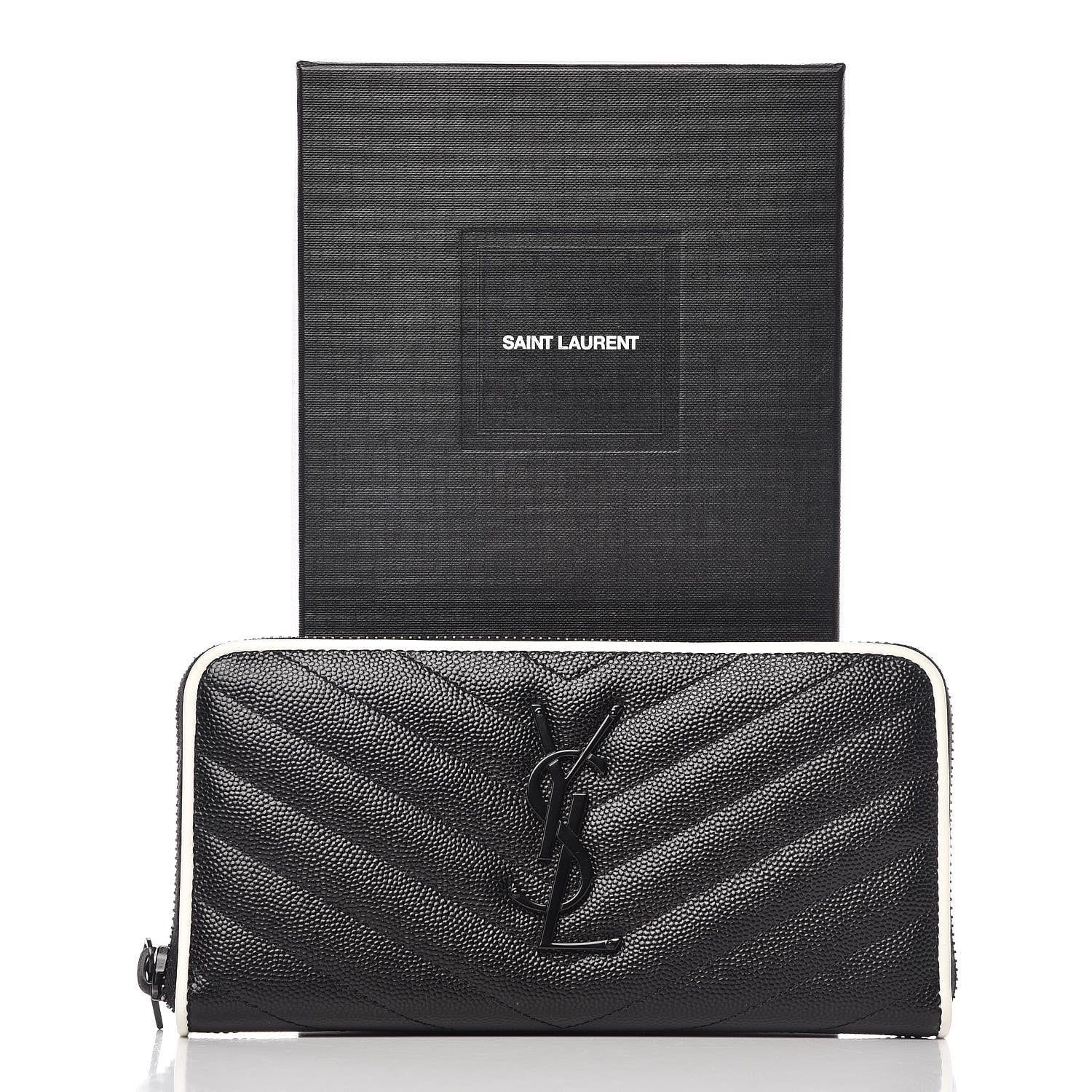 Saint Laurent Grain De Poudre Matelasse Chevron Monogram Zip Around Wallet Black Dove White 10 of 10