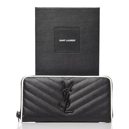 Saint Laurent Grain De Poudre Matelasse Chevron Monogram Zip Around Wallet Black Dove White 10 of 10