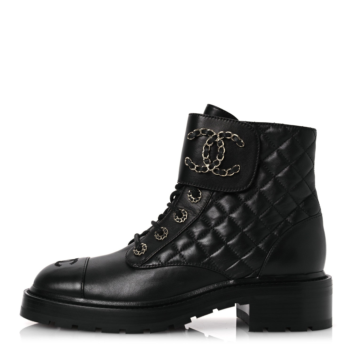Chanel Shiny Lambskin Quilted Lace Up Combat Boots 38.5 Black 1 of 11