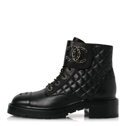 Chanel Shiny Lambskin Quilted Lace Up Combat Boots 38.5 Black 1 of 11