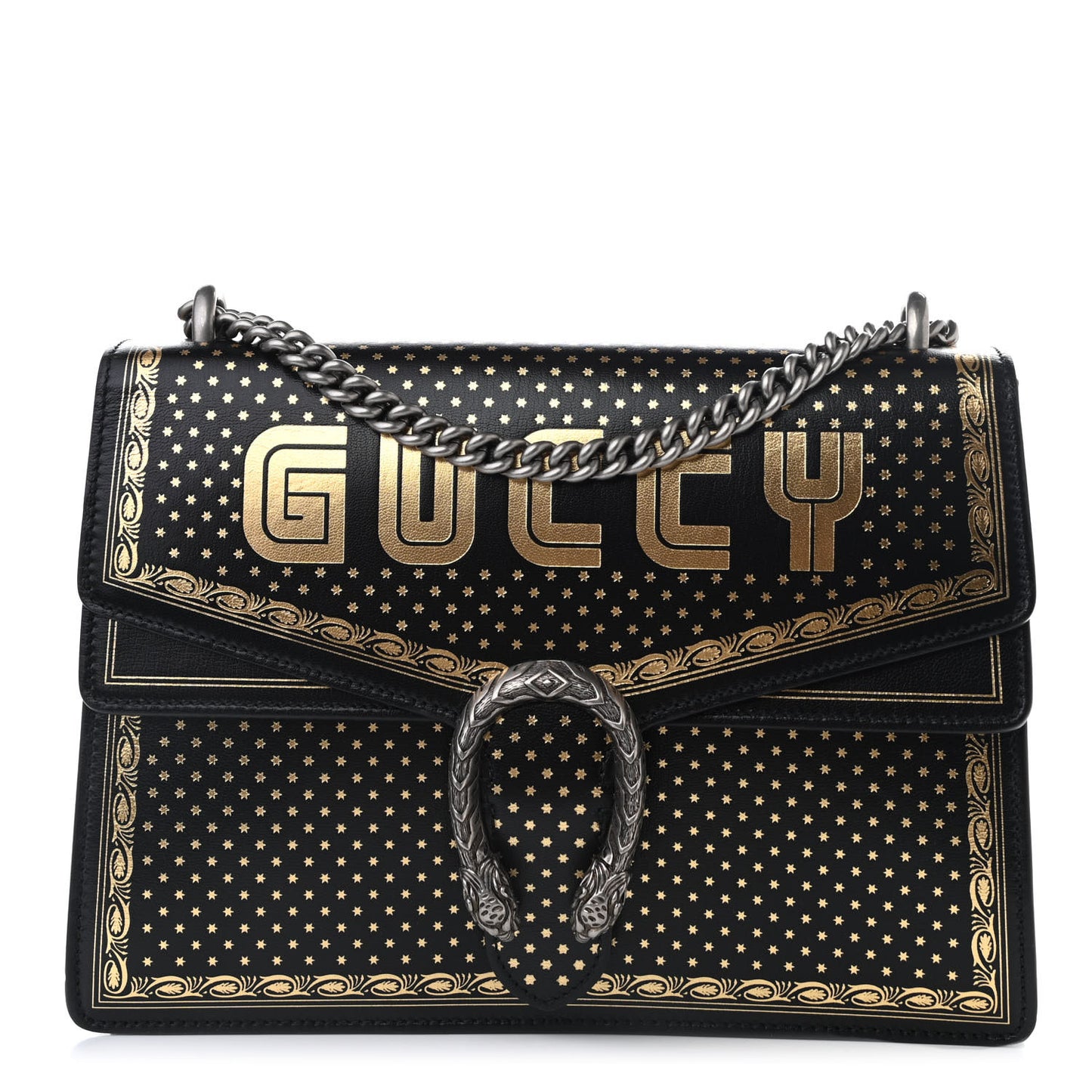 X SEGA Calfskin GUCCY Stars Medium Dionysus Shoulder Bag Black Gold