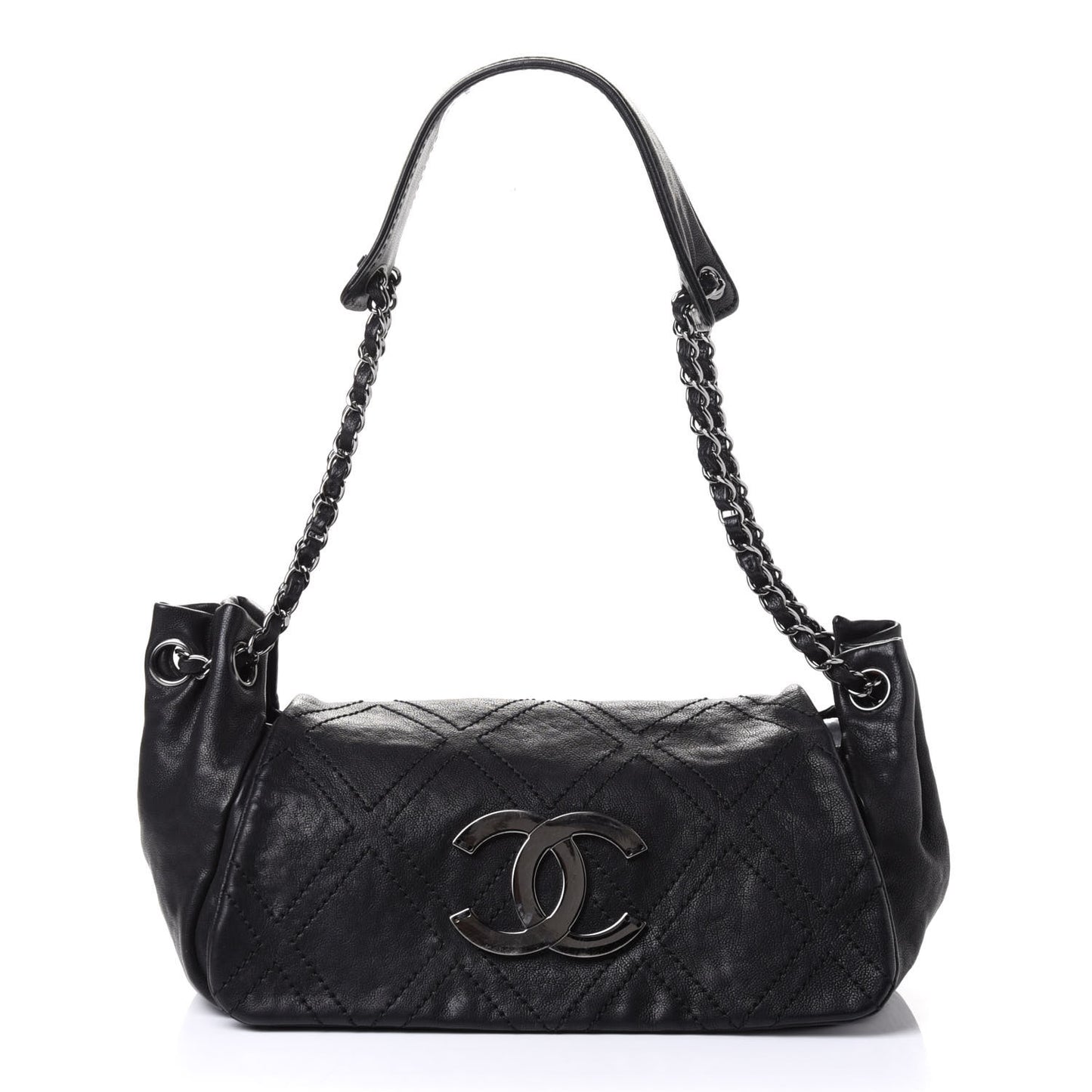 Calfskin Diamond Stitch Accordion Flap Black