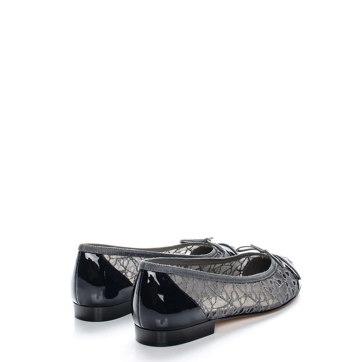 Lace Patent Calfskin Cap Toe CC Ballerina Flats 36.5 Dark Grey Navy