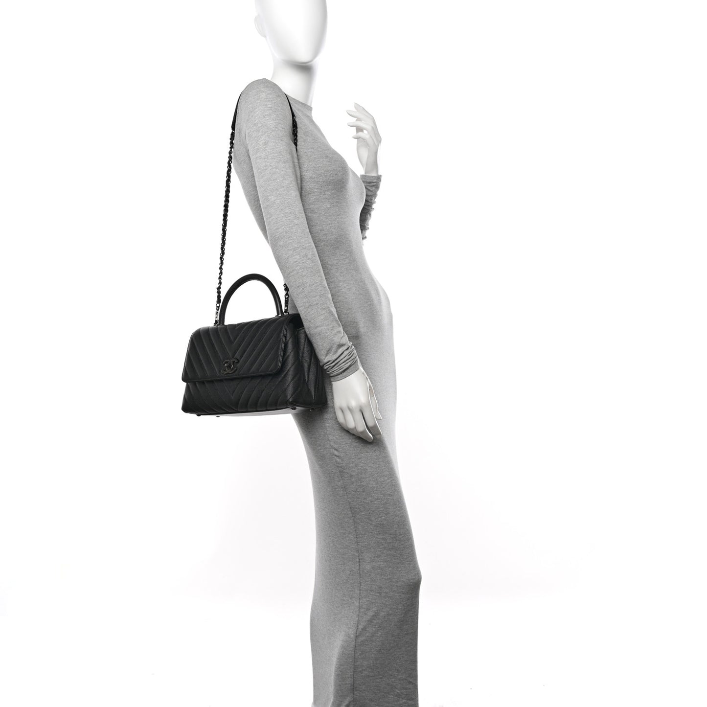 Caviar Chevron Quilted Small Coco Handle Flap So Black