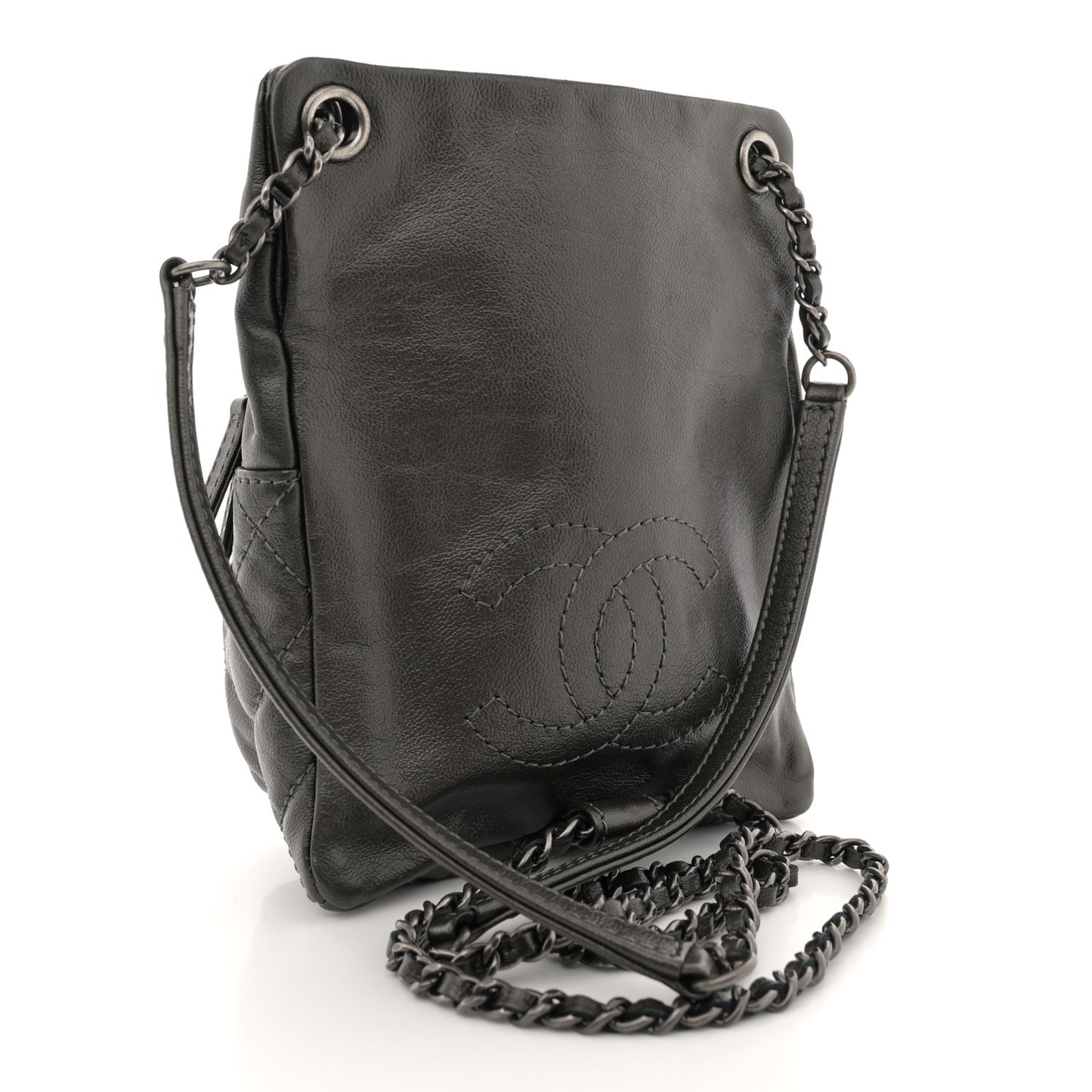 Metallic Lambskin Quilted Drawstring Backpack Dark Grey