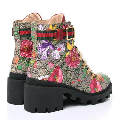 Gucci GG Supreme Monogram Flora Lace Up Combat Ankle Boots 37.5 Beige Multicolor Red 4 of 9