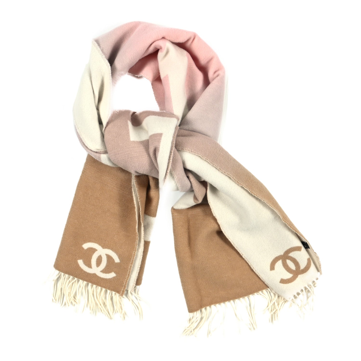 Chanel Cashmere CC Fringe Stole Pink Beige White 1 of 3