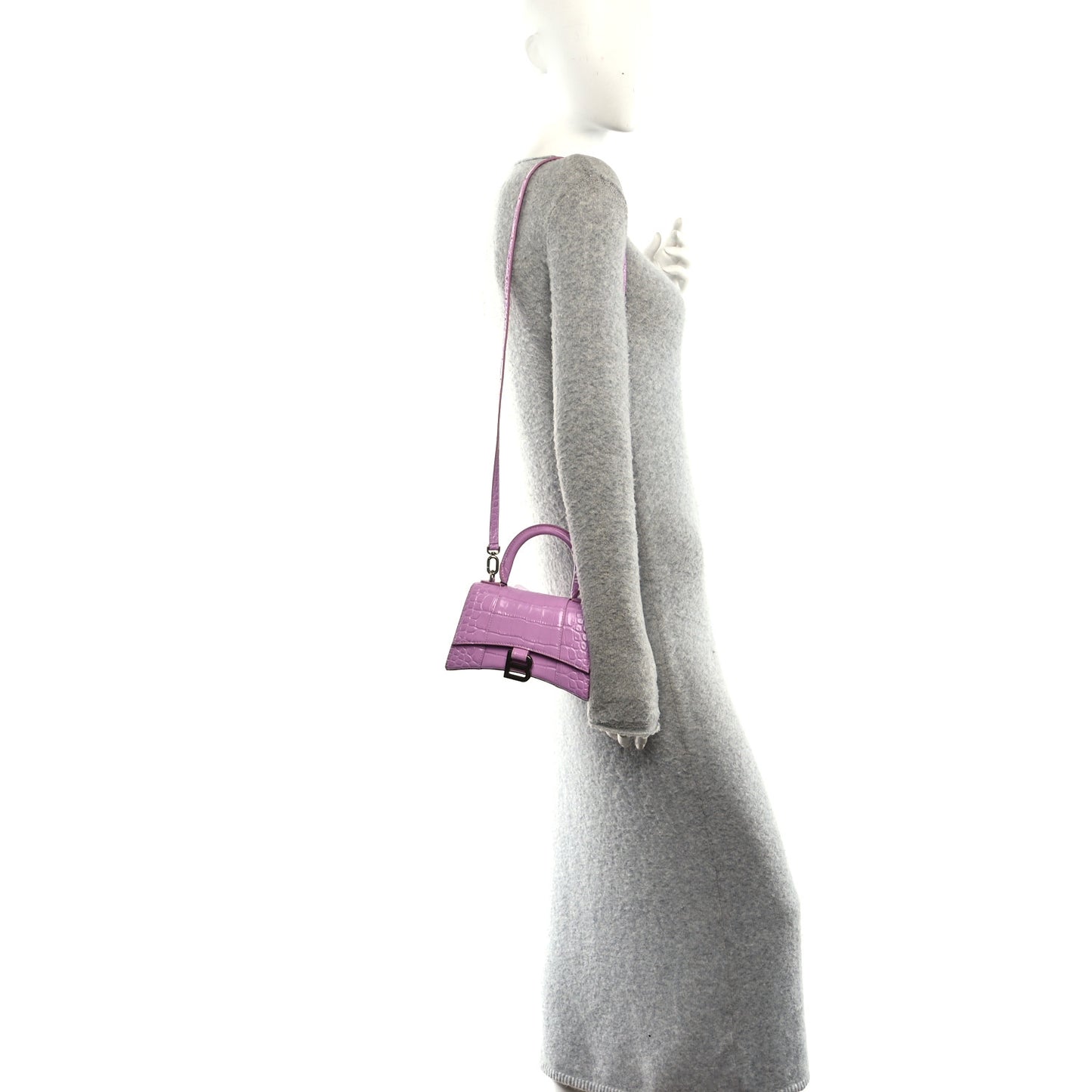 Shiny Calfskin Crocodile Embossed Hourglass Top Handle Bag XS Lilac