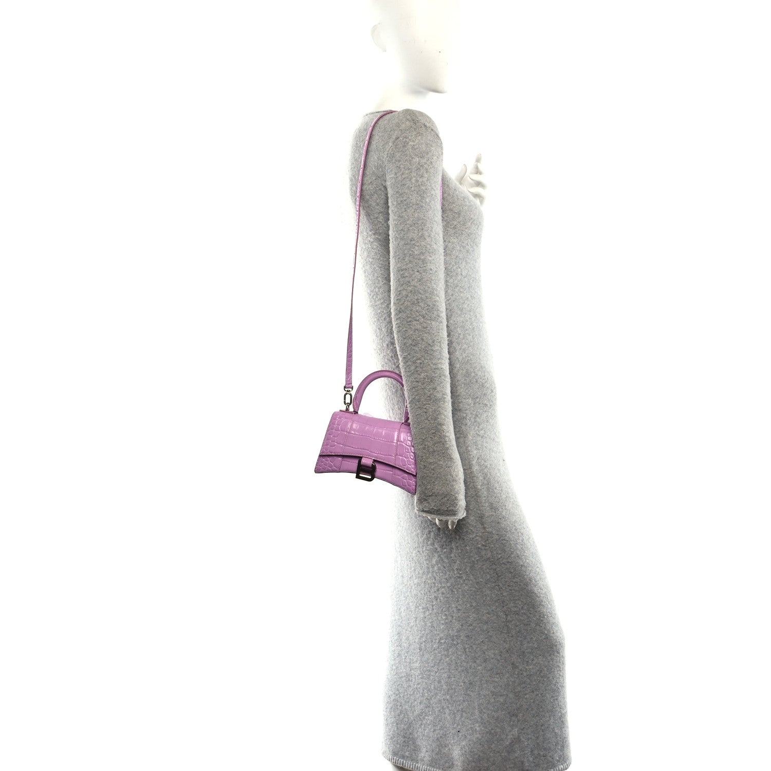 Balenciaga Shiny Calfskin Crocodile Embossed Hourglass Top Handle Bag XS Lilac 2 of 9
