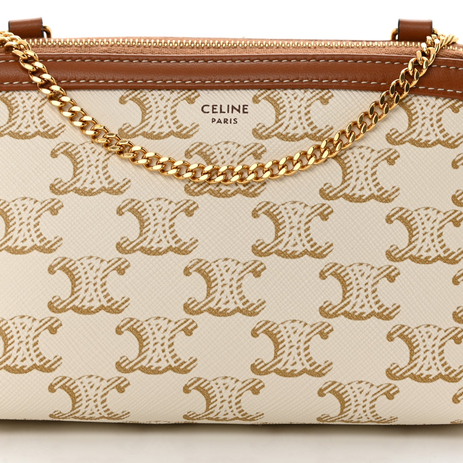 Celine Lambskin Triomphe Canvas Clutch With Chain White Tan 9 of 13