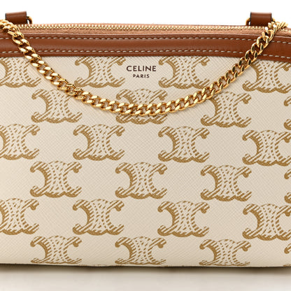 Celine Lambskin Triomphe Canvas Clutch With Chain White Tan 9 of 13