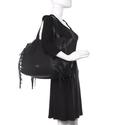 Valentino Garavani Grained Calfskin C-Rockee Fringe Tote Black 2 of 8