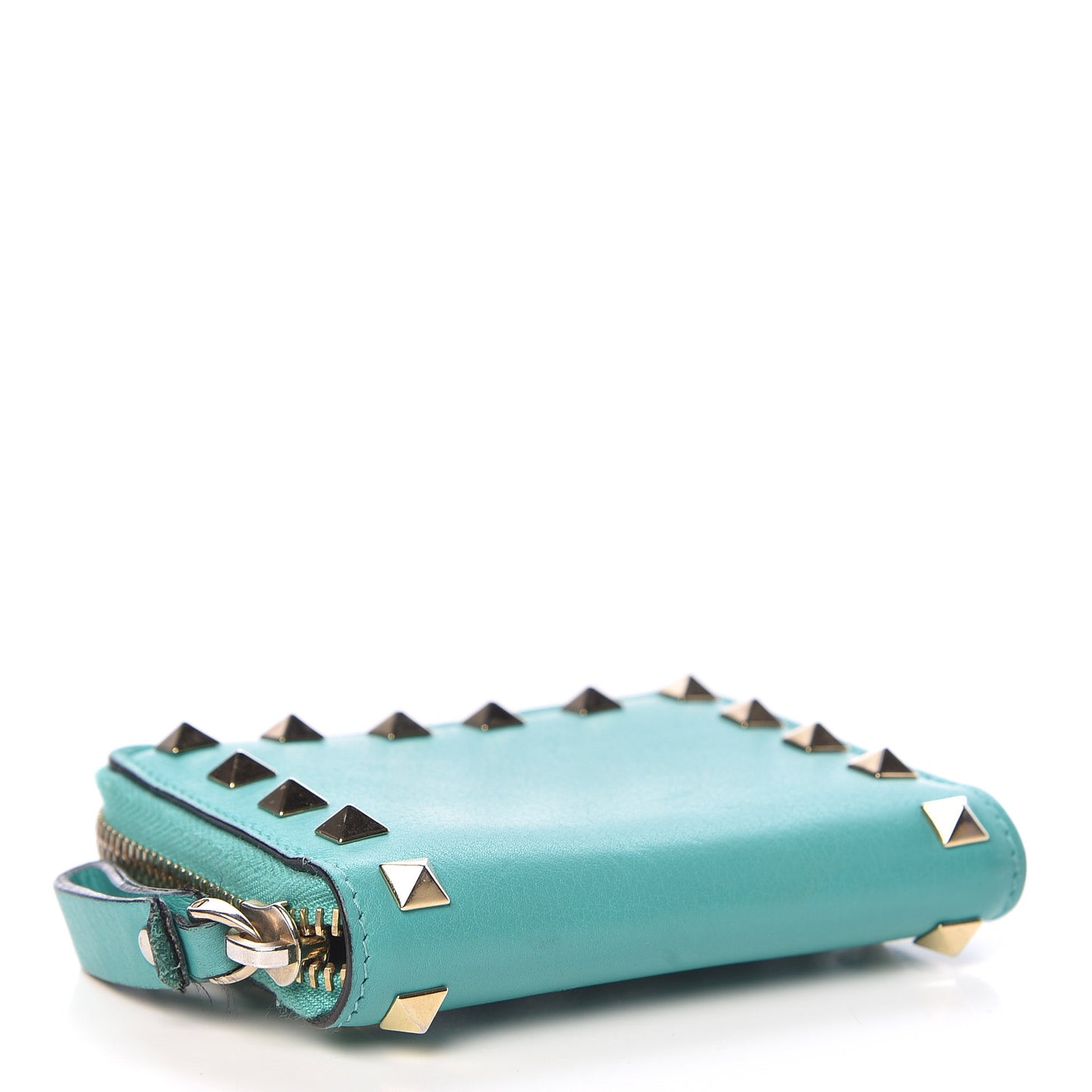 Calfskin Rockstud Zip Around Coin Case Card Holder Opaline Green