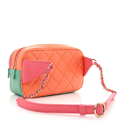 Chanel Goatskin Quilted Tri-Color In & Out Waist Bag Orange Green Pink 3 of 12