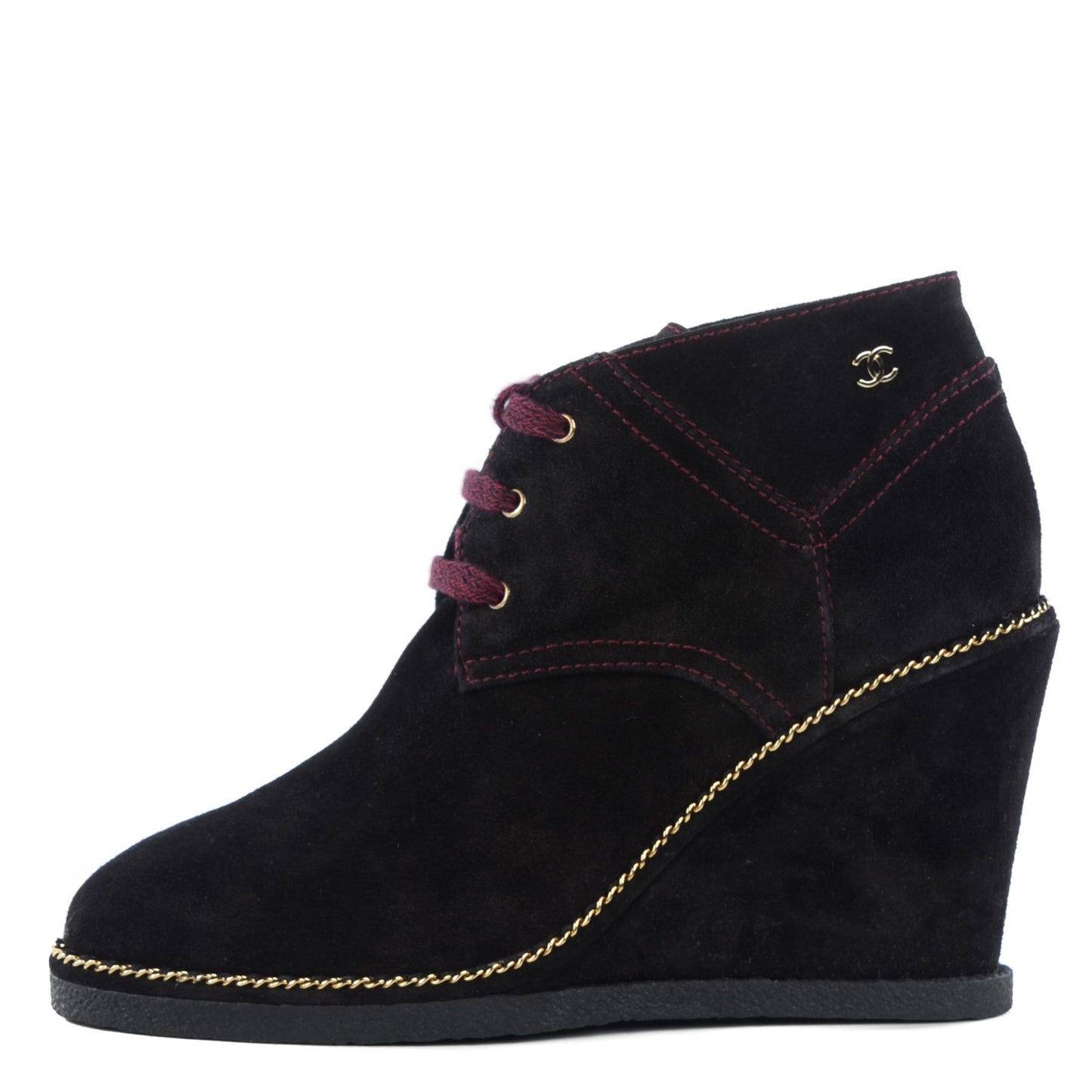 Suede Calfskin Lace Up Wedge Booties 38.5 Black
