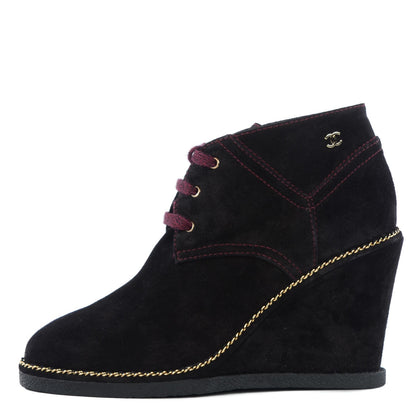 Chanel Suede Calfskin Lace Up Wedge Booties 38.5 Black 1 of 7