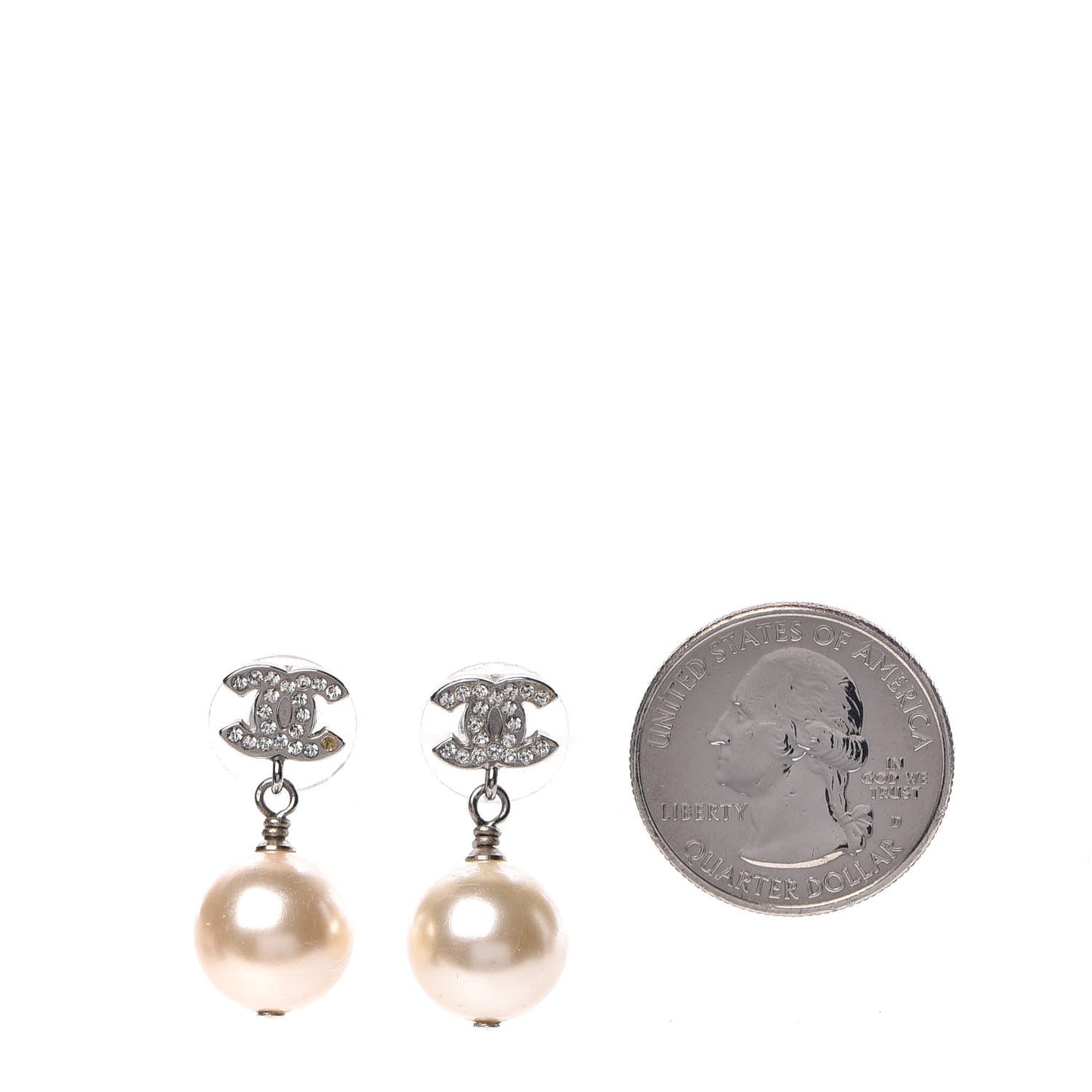 Crystal Pearl CC Drop Earrings Silver