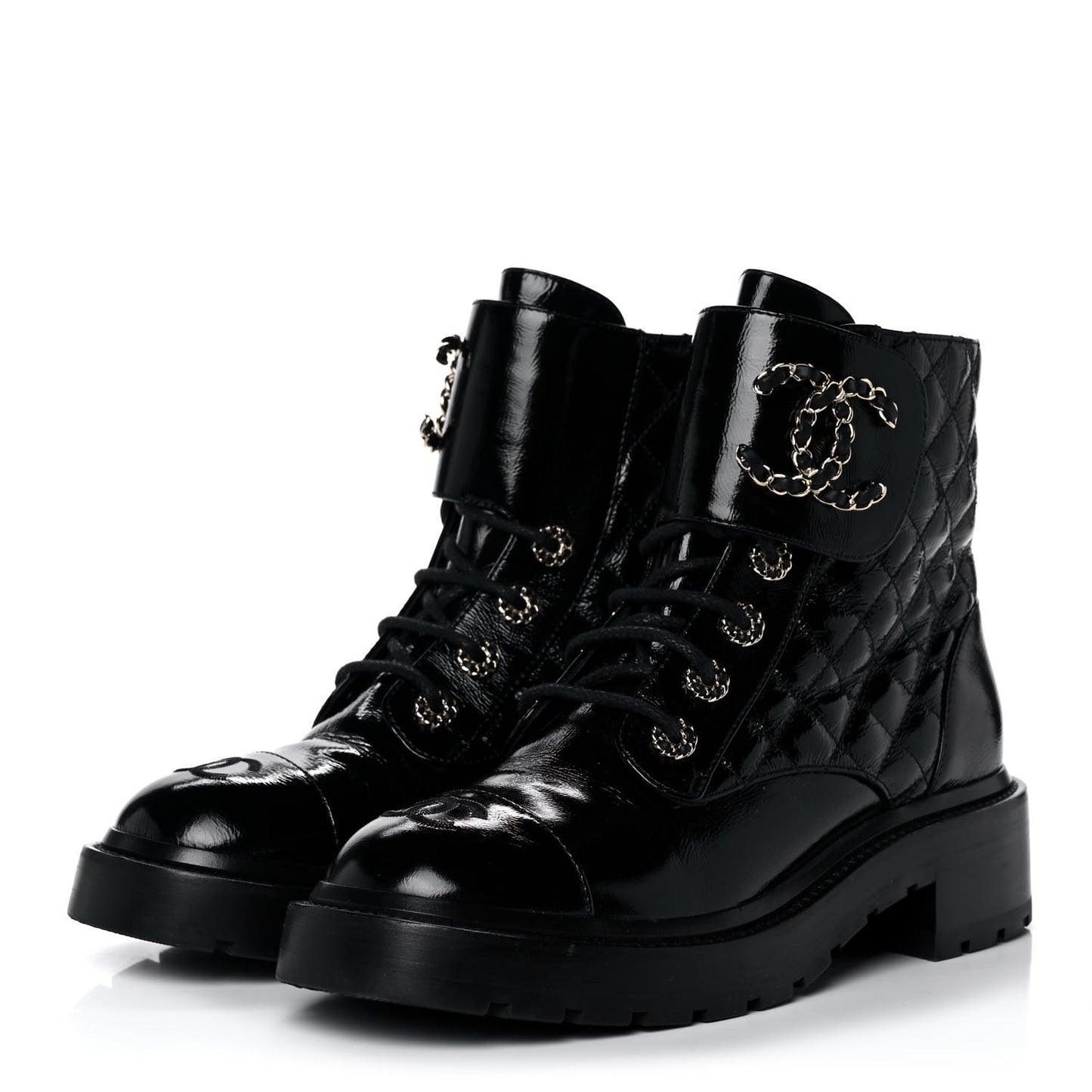 Shiny Calfskin Quilted Lace Up Combat Boots 37.5 Black