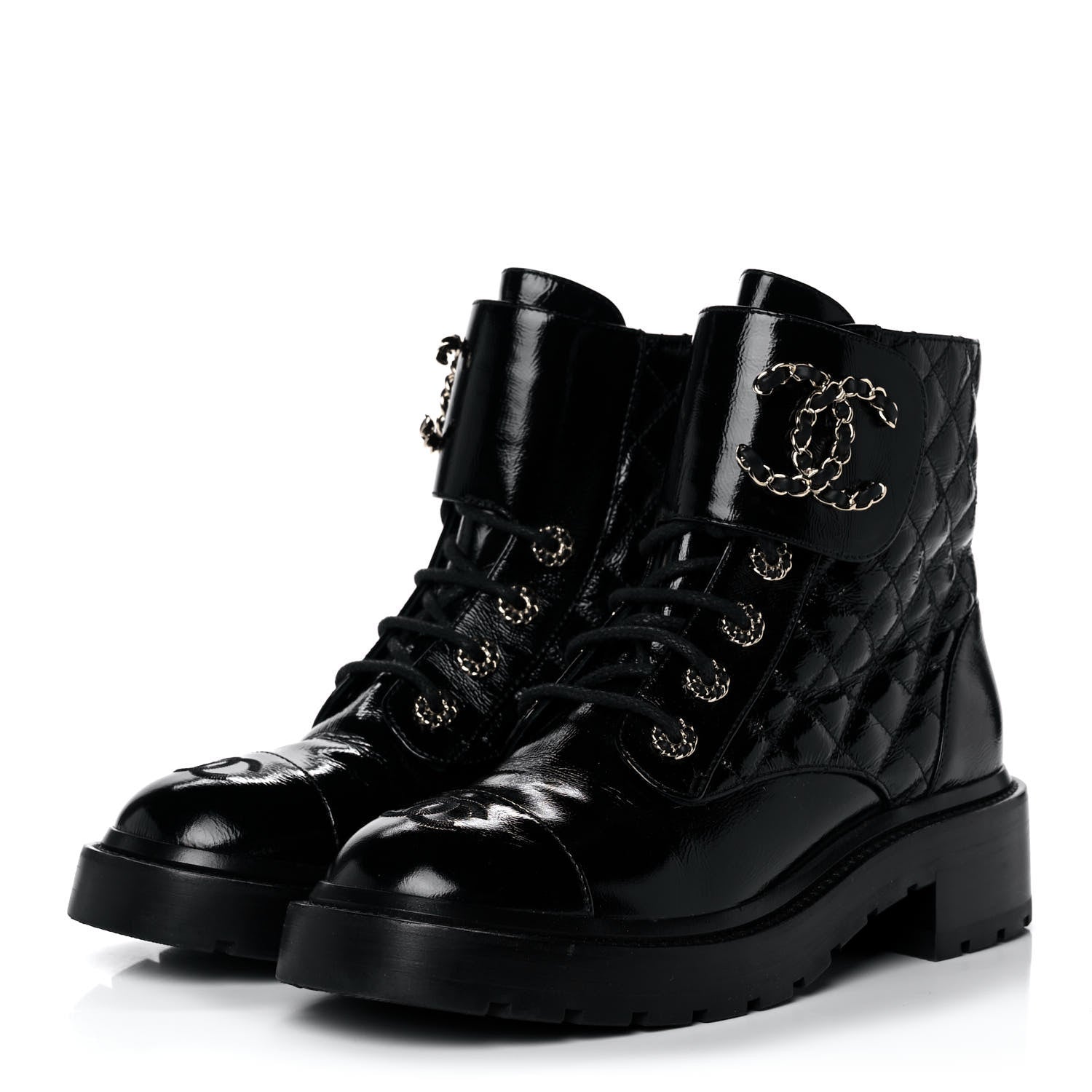Chanel Shiny Calfskin Quilted Lace Up Combat Boots 37.5 Black 3 of 11