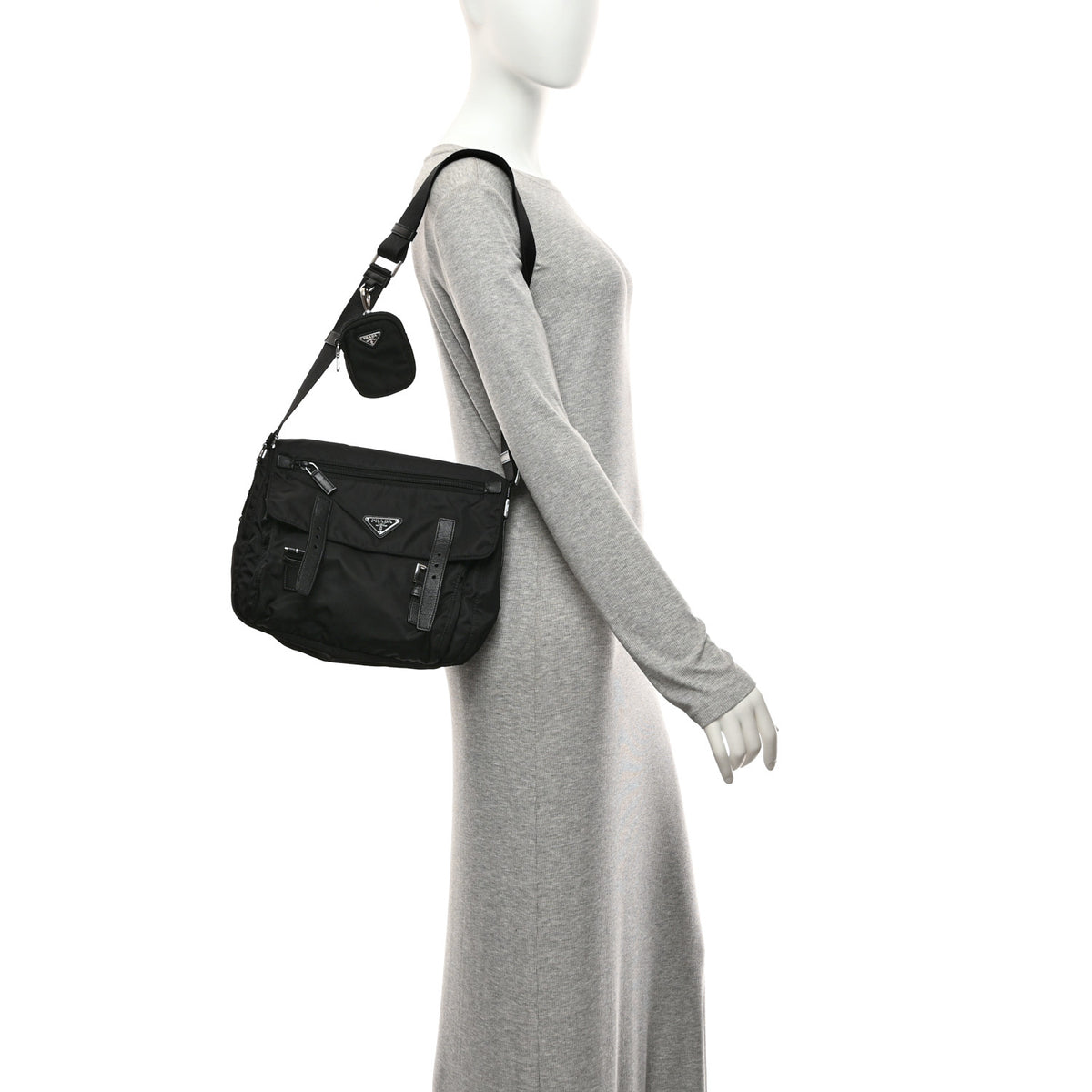 Re-Nylon Vela Saffiano Pocket Double Buckle Messenger Shoulder Bag Black