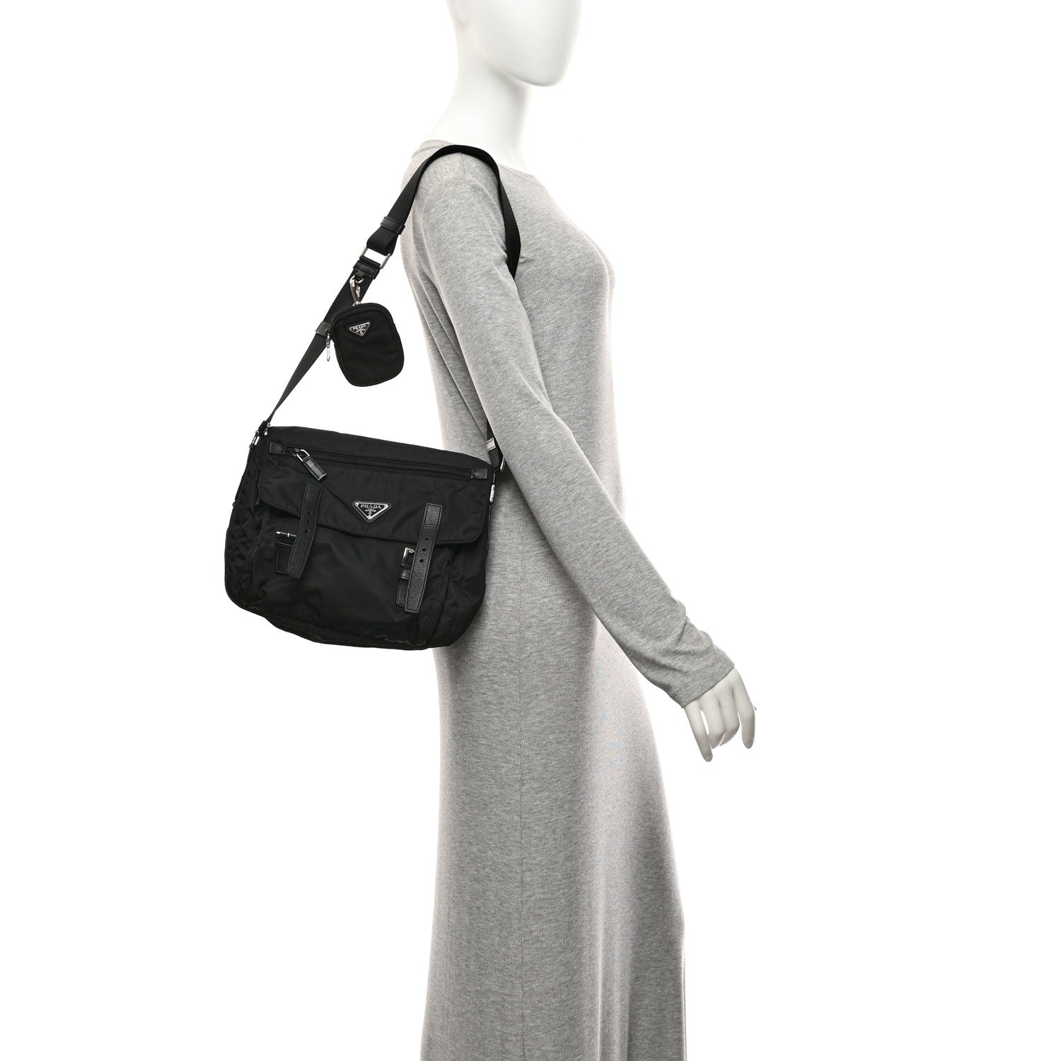 Prada Re-Nylon Vela Saffiano Pocket Double Buckle Messenger Shoulder Bag Black 3 of 11