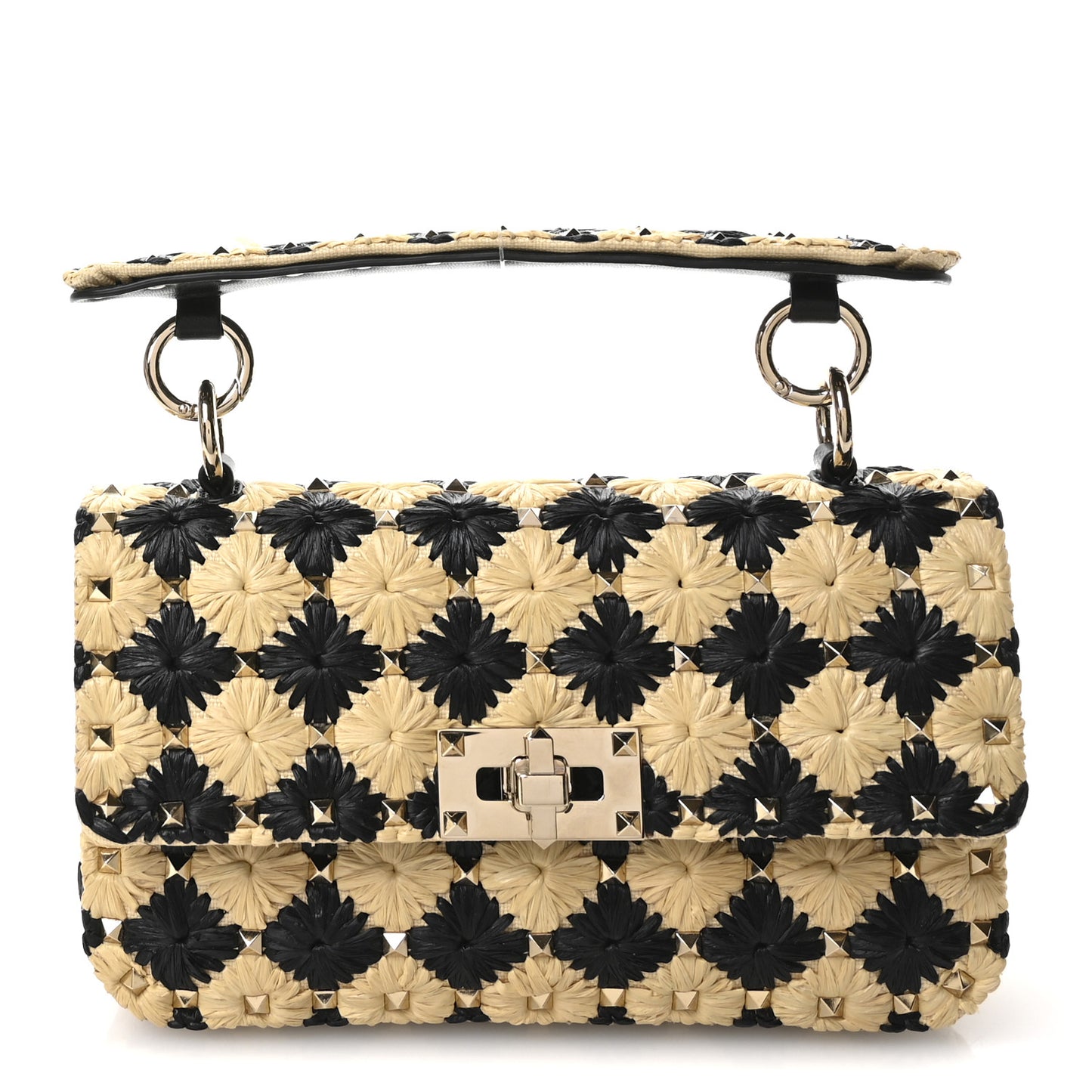 Raffia Embroidered Checkered Small Rockstud Spike Shoulder Bag Natural Black