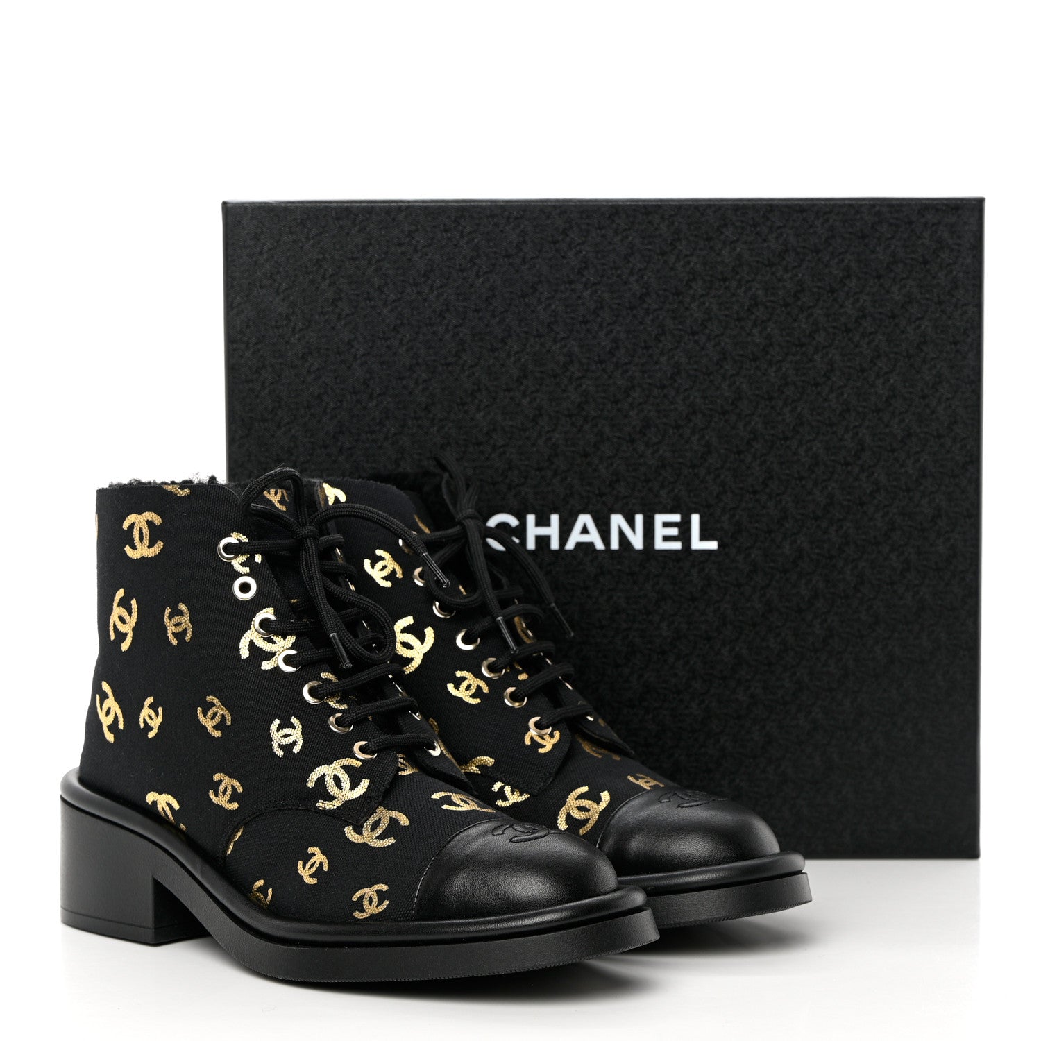 Chanel Lambskin Shearling Canvas CC Lace Up Boots 39.5 Black Gold 9 of 9