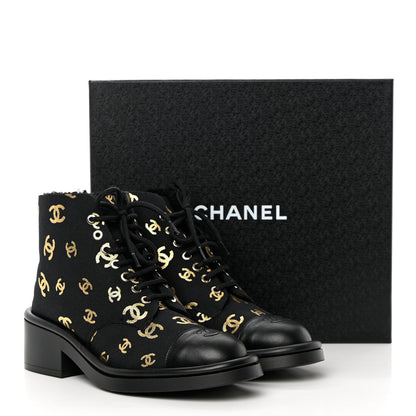 Chanel Lambskin Shearling Canvas CC Lace Up Boots 39.5 Black Gold 9 of 9
