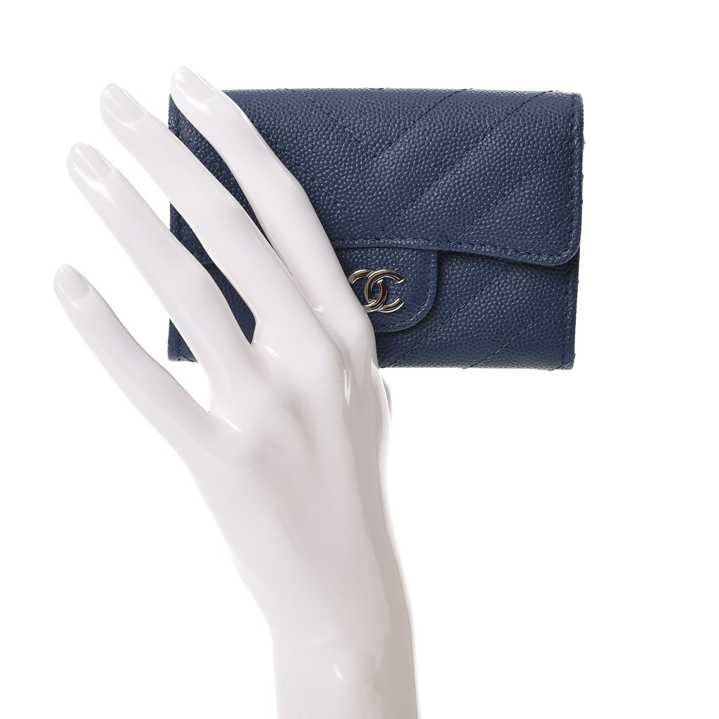 Caviar Chevron Quilted Card Holder Wallet Dark Blue