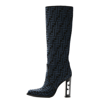 Fendi Chenille Jacquard FF 110mm Knee Boots 39 Black Blue 1 of 8