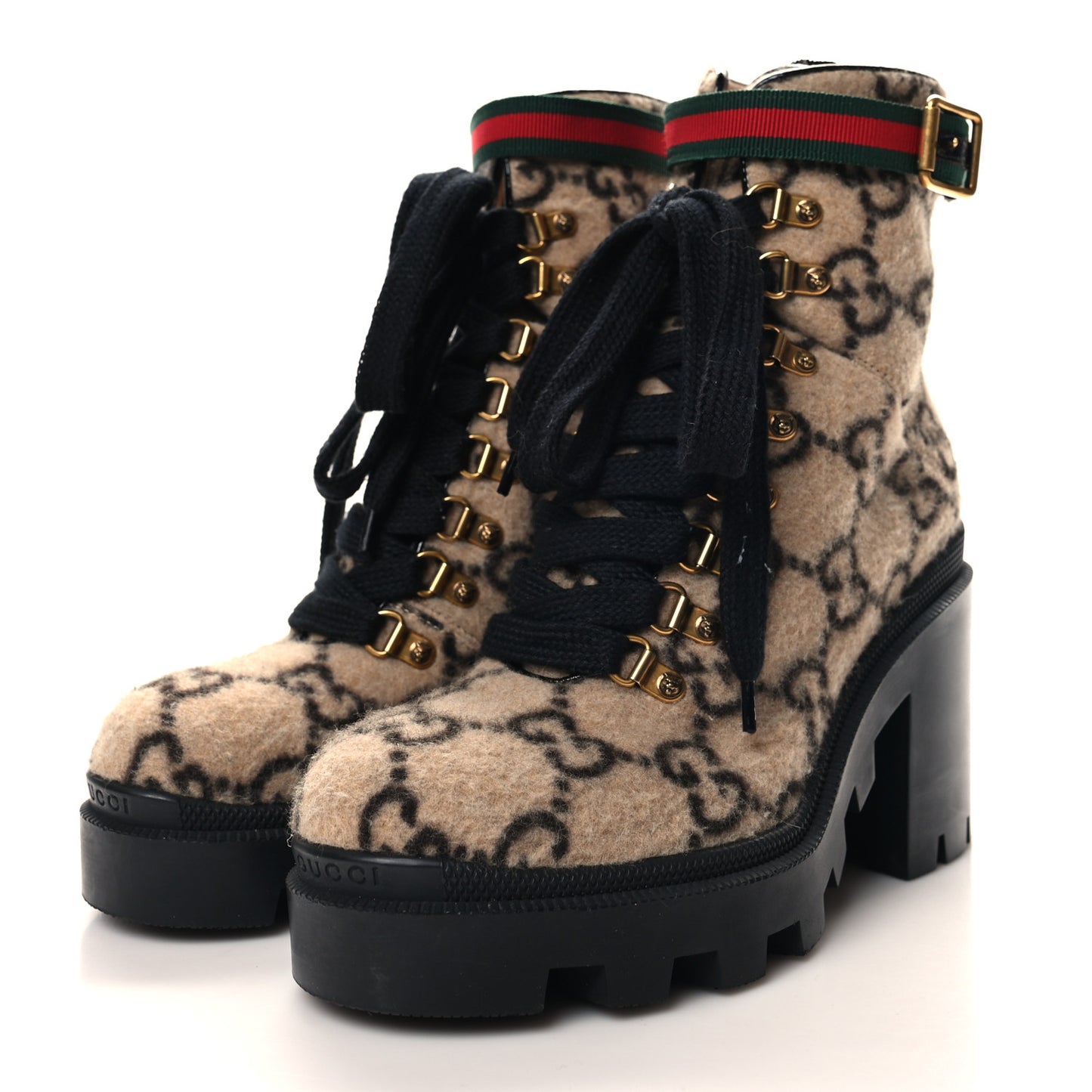 Covered Wool GG Monogram Womens Lace Up Combat Ankle Boots 38.5 Beige Ebony Black