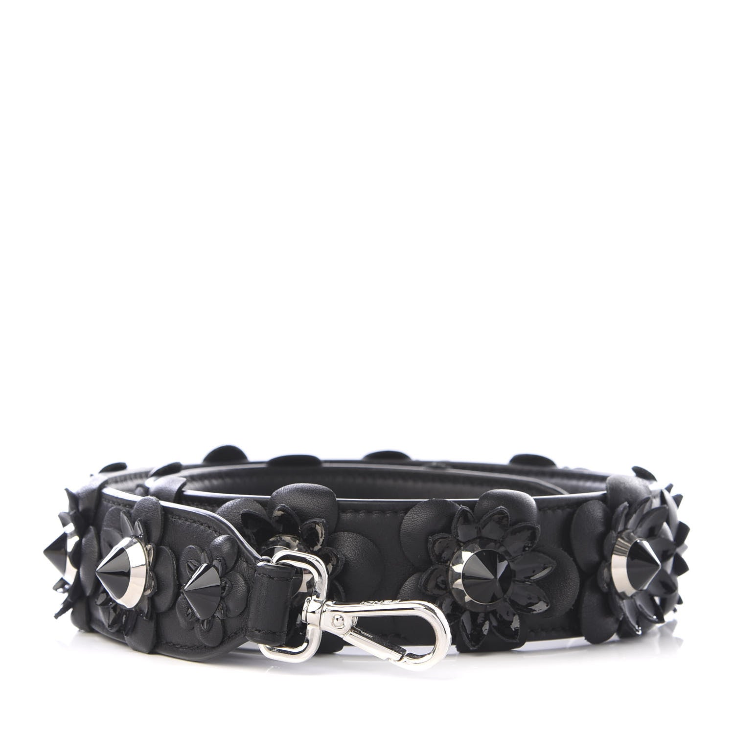 Fendi Vitello Dolce Nappa Patent Flowerland Studded Strap You Black 1 of 4