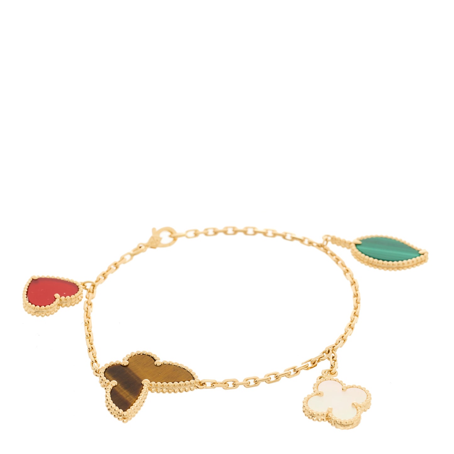 18K Yellow Gold Mother of Pearl Malachite Carnelian Tiger Eye 4 Motifs Lucky Alhambra Bracelet