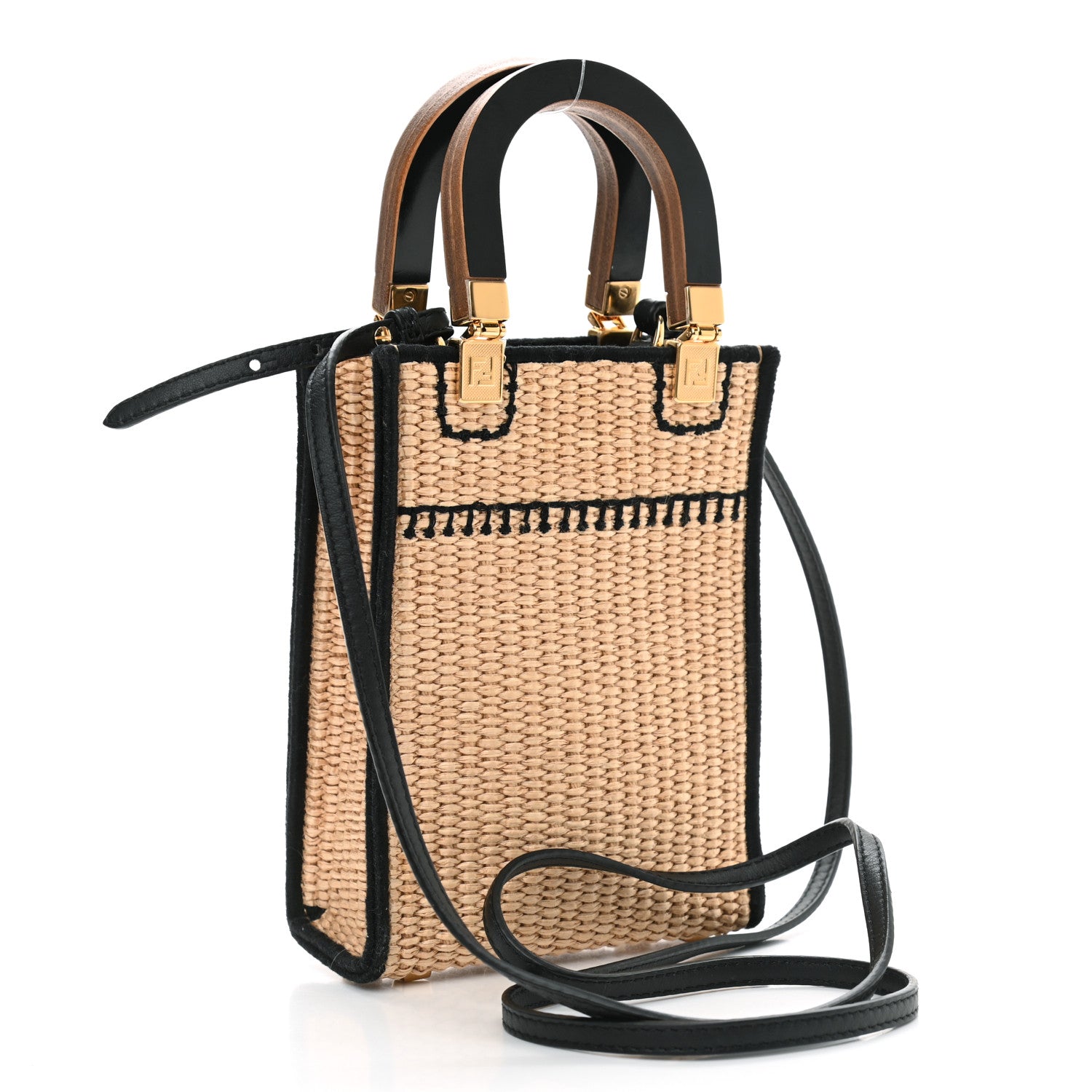 Fendi Straw Vitello Grace Cuoio Logo Braided Embroidered Mini Sunshine Shopper Natural Black 3 of 10