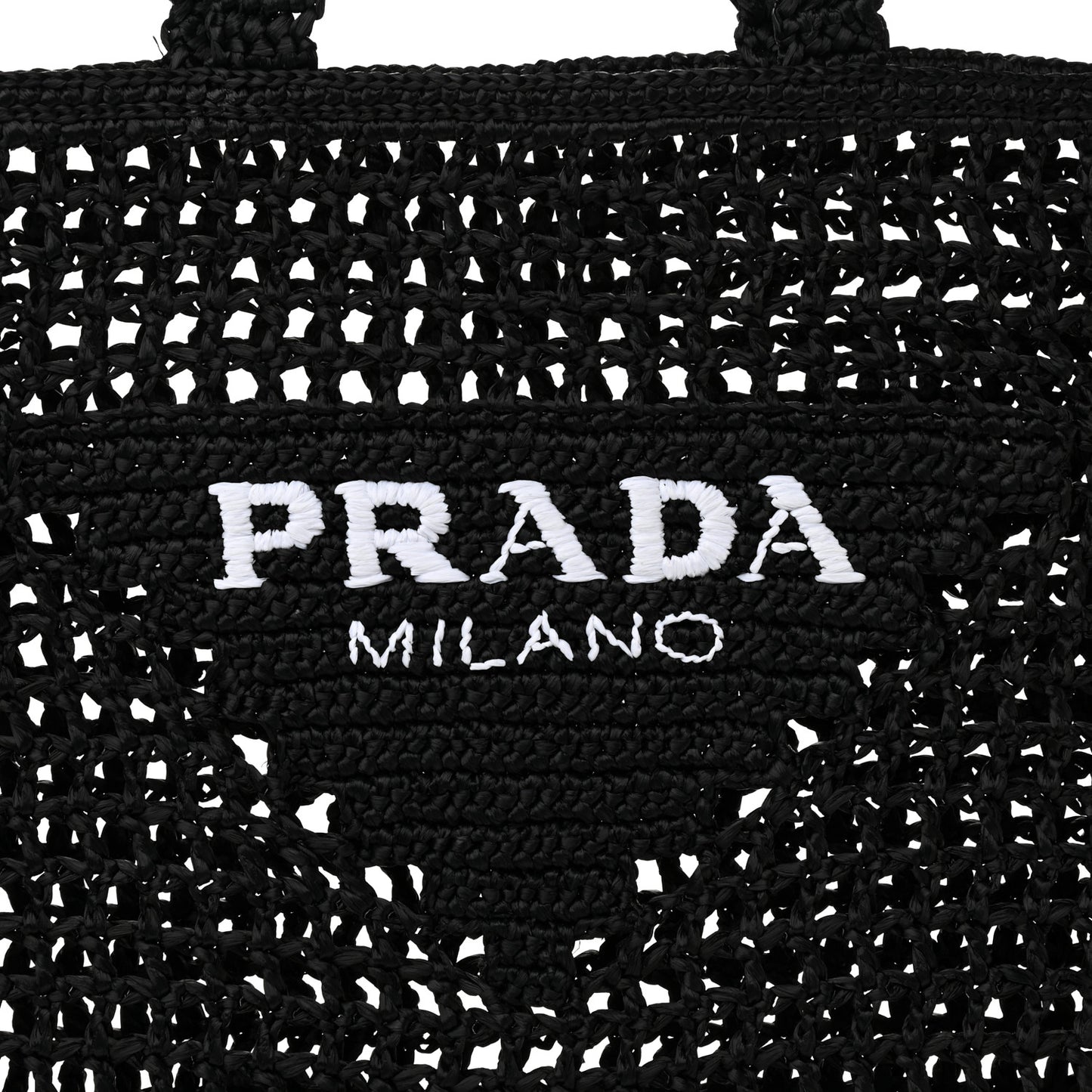 Yarn Raffia Effect Crochet Logo Embroidered Tote Bag Black