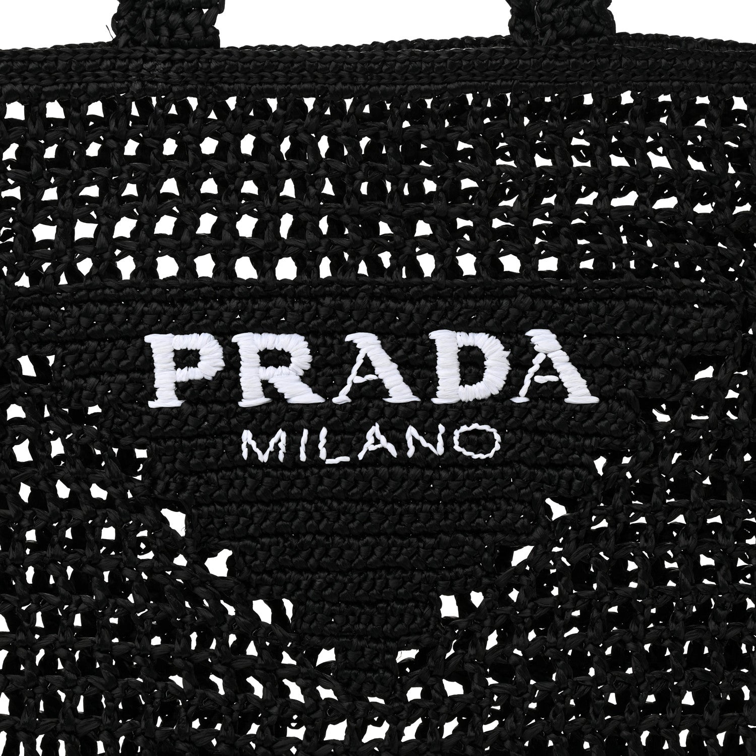 Prada Yarn Raffia Effect Crochet Logo Embroidered Tote Bag Black 7 of 10