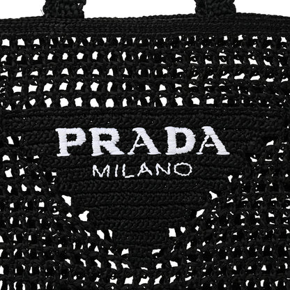 Prada Yarn Raffia Effect Crochet Logo Embroidered Tote Bag Black 7 of 10
