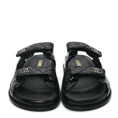 Chanel Lambskin Quilted Velcro Dad Chain CC Slide Sandals 41 Black 2 of 10