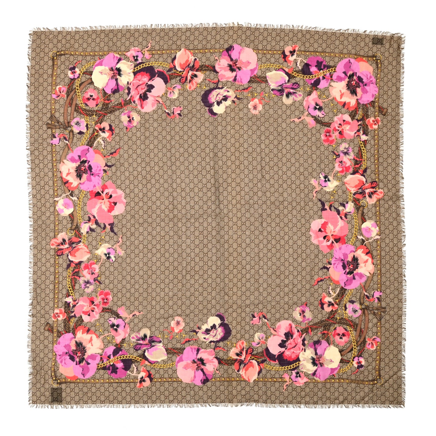 Wool Jacquard GG Monogram Big Panshie Fringe Shawl Roseate Beige