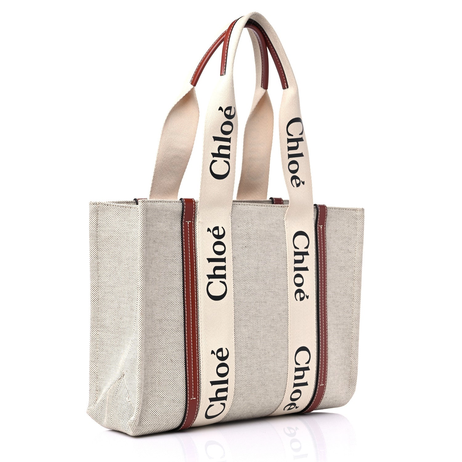 Chloe Cotton Calfskin Medium Woody Ribbon Tote White Brown 3 of 9