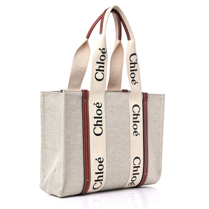 Chloe Cotton Calfskin Medium Woody Ribbon Tote White Brown 3 of 9