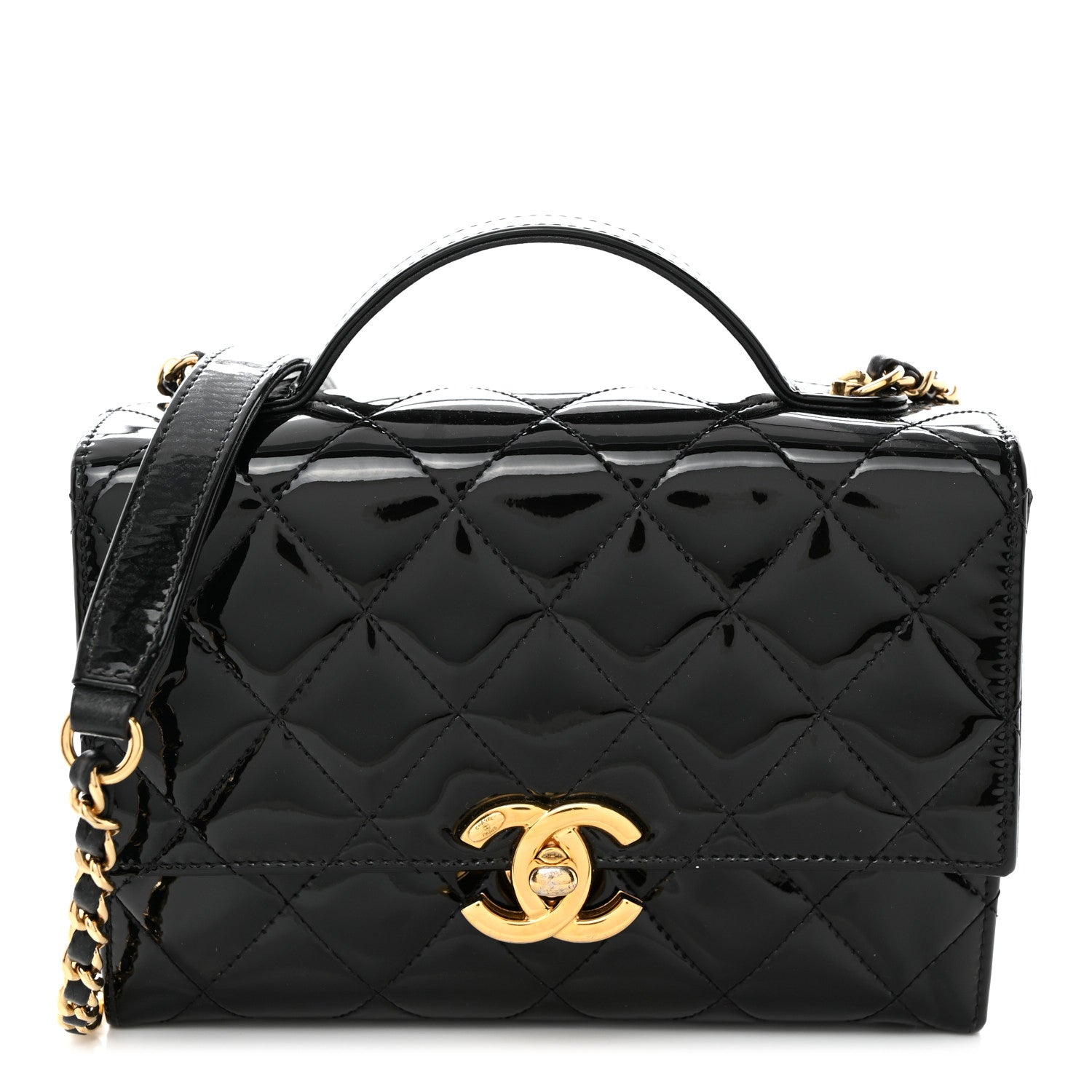 Chanel Patent Quilted Mini Golden Plate Flap Black 1 of 15