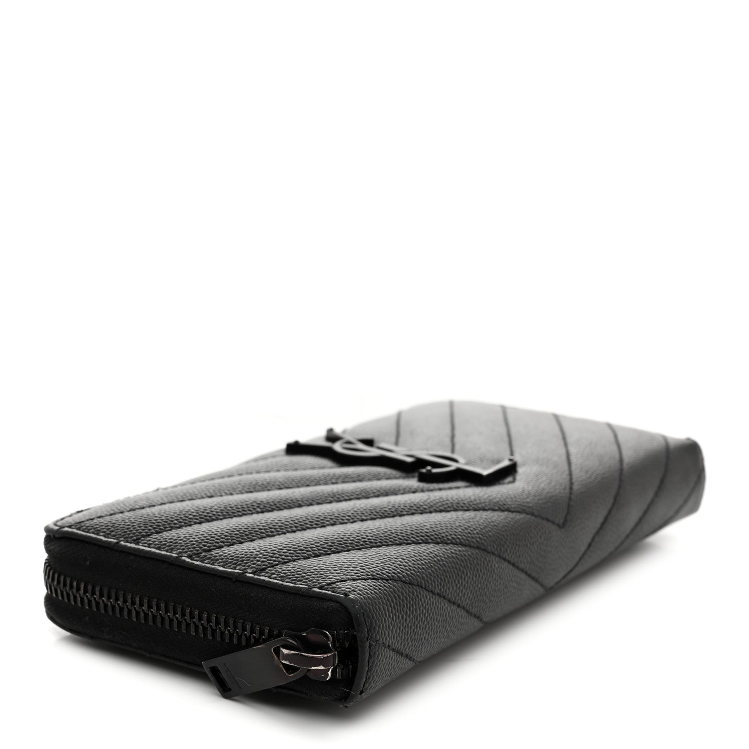 Saint Laurent Grain De Poudre Matelasse Chevron Monogram Monochrome Zip Around Wallet Black 4 of 8