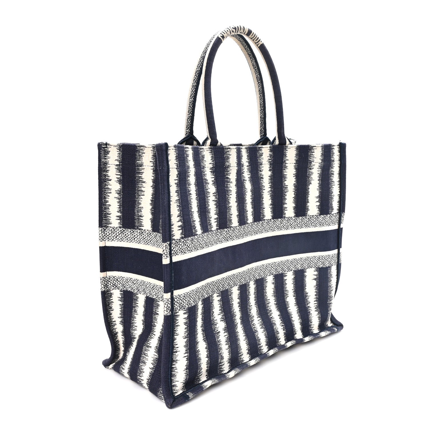 Christian Dior Canvas Embroidered Large Striped Book Tote Navy 3 of 11