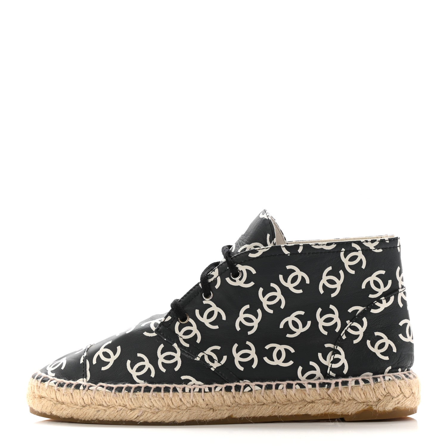 Chanel Lambskin Printed CC Lace Up Espadrilles 38 Black White