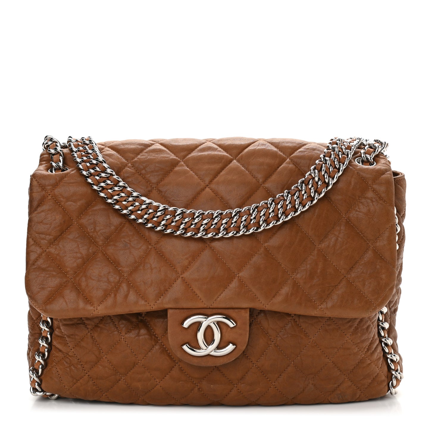 Washed Lambskin Quilted Chain Around Maxi Flap Brown