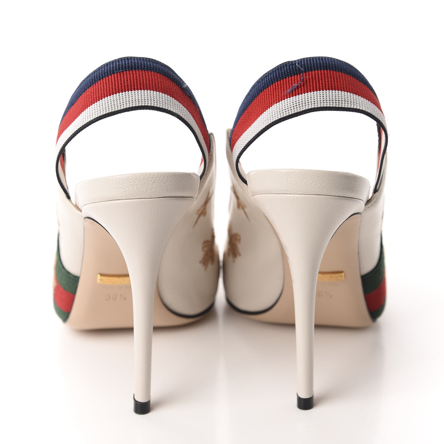 Gucci Malaga Kid Web Bee Star Embroidered Sylvie High Heel Slingback Pumps 36.5 White 5 of 14